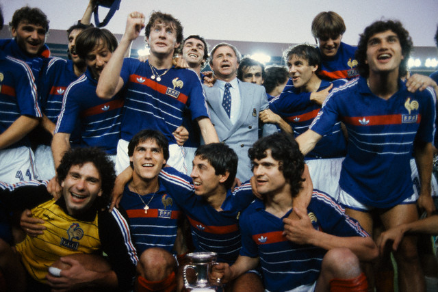 27 Jun 1984, Paris, France --- French players celebrate after defeating Spain 2-0 in the final of the 1984 UEFA Euro. --- Image by © Gerard Rancinan; Pascal Kyriazis/Sygma/Corbis